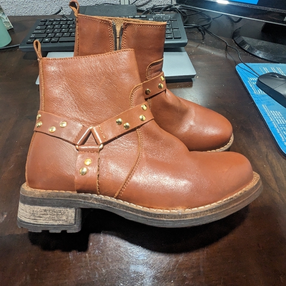 Danessa Studded Riding Booties, Brown Leather, Women's 37, NWOT